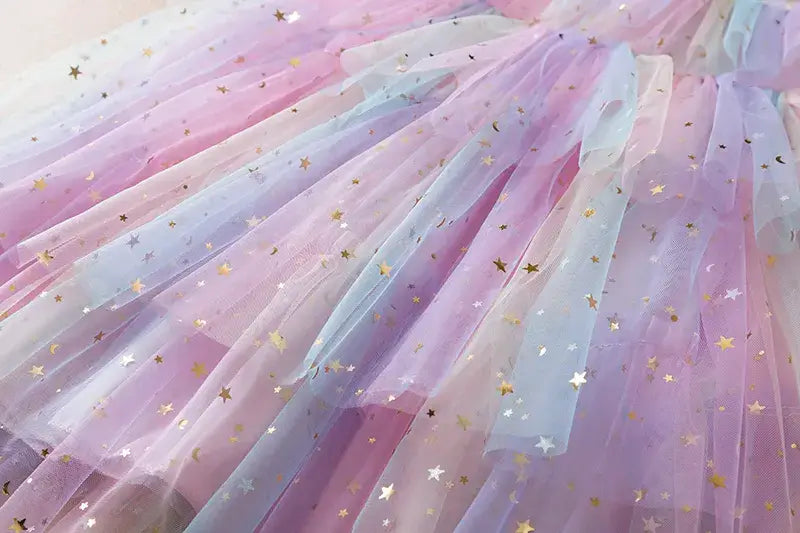 Déguisement robe licorne étoilée multicolore pour petite fille détails jupon